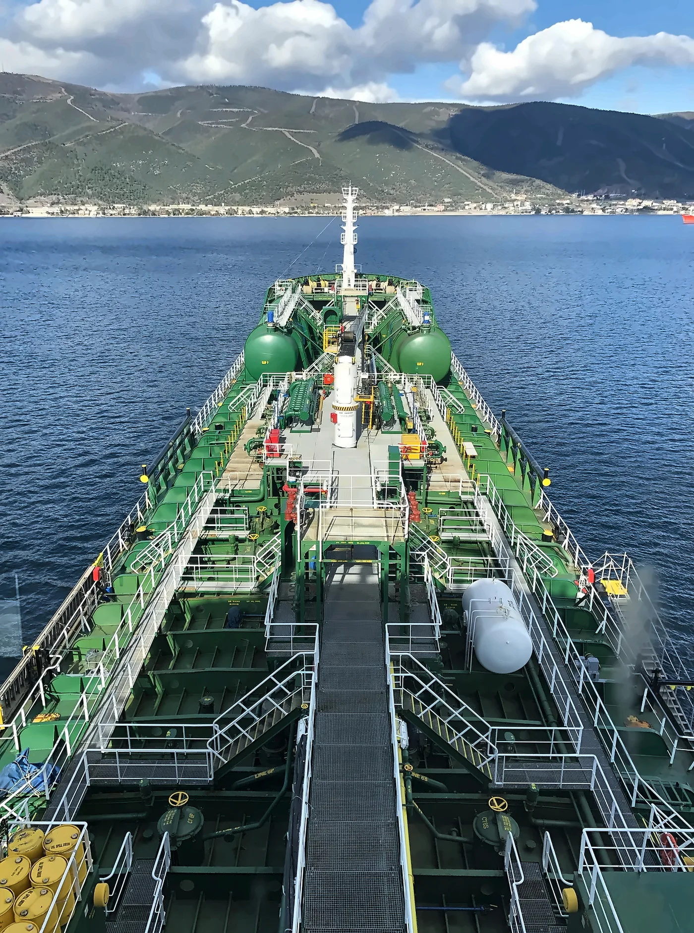The cargo deck of a gas carrier, seen from the bridge